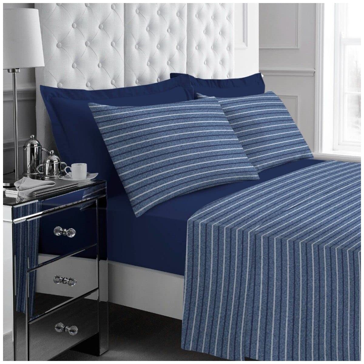 GC GAVENO CAVAILIA Super Soft Striped Flat Sheets, Plain Fitted Sheet With Pillowcases, Easy Care Thermal Double Bedsheets, Navy