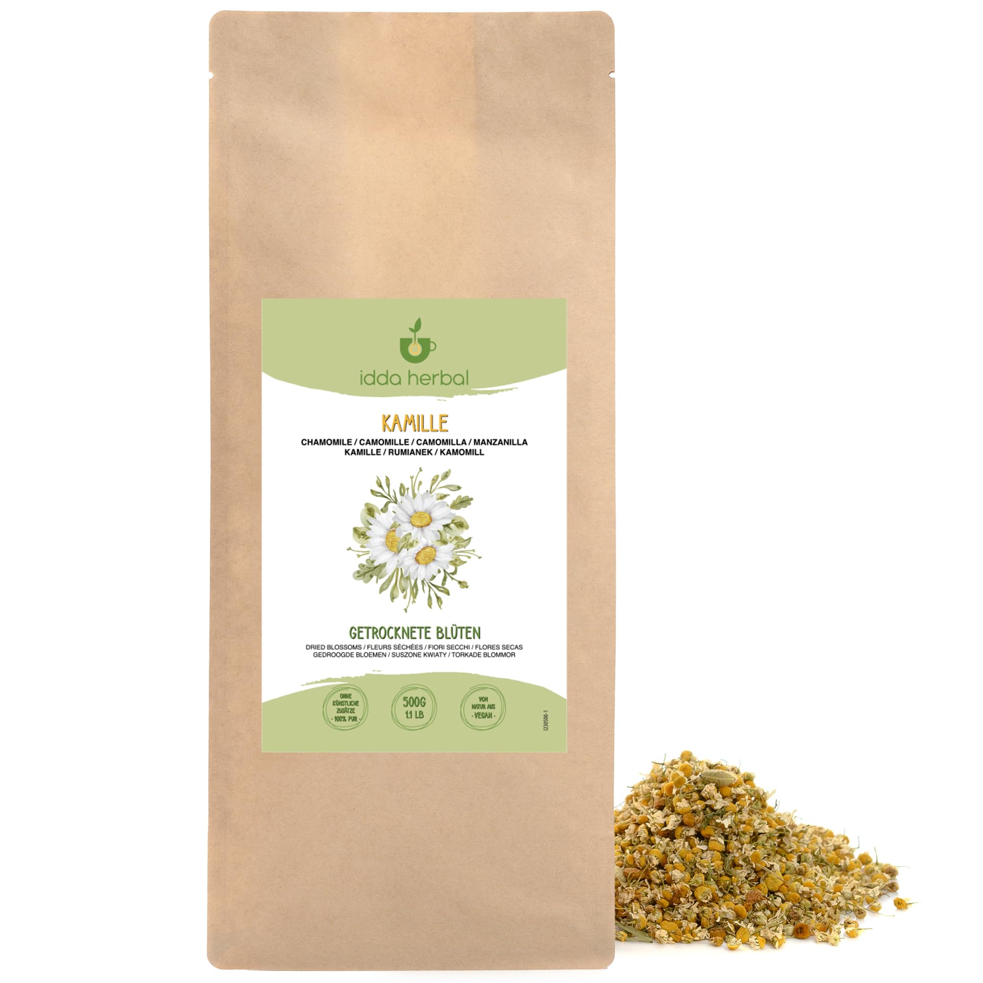 IDDA Herbal Chamomile Tea 500g 1.1 lb, Premium Quality Whole Chamomile Flowers, Herbal Loose Tea