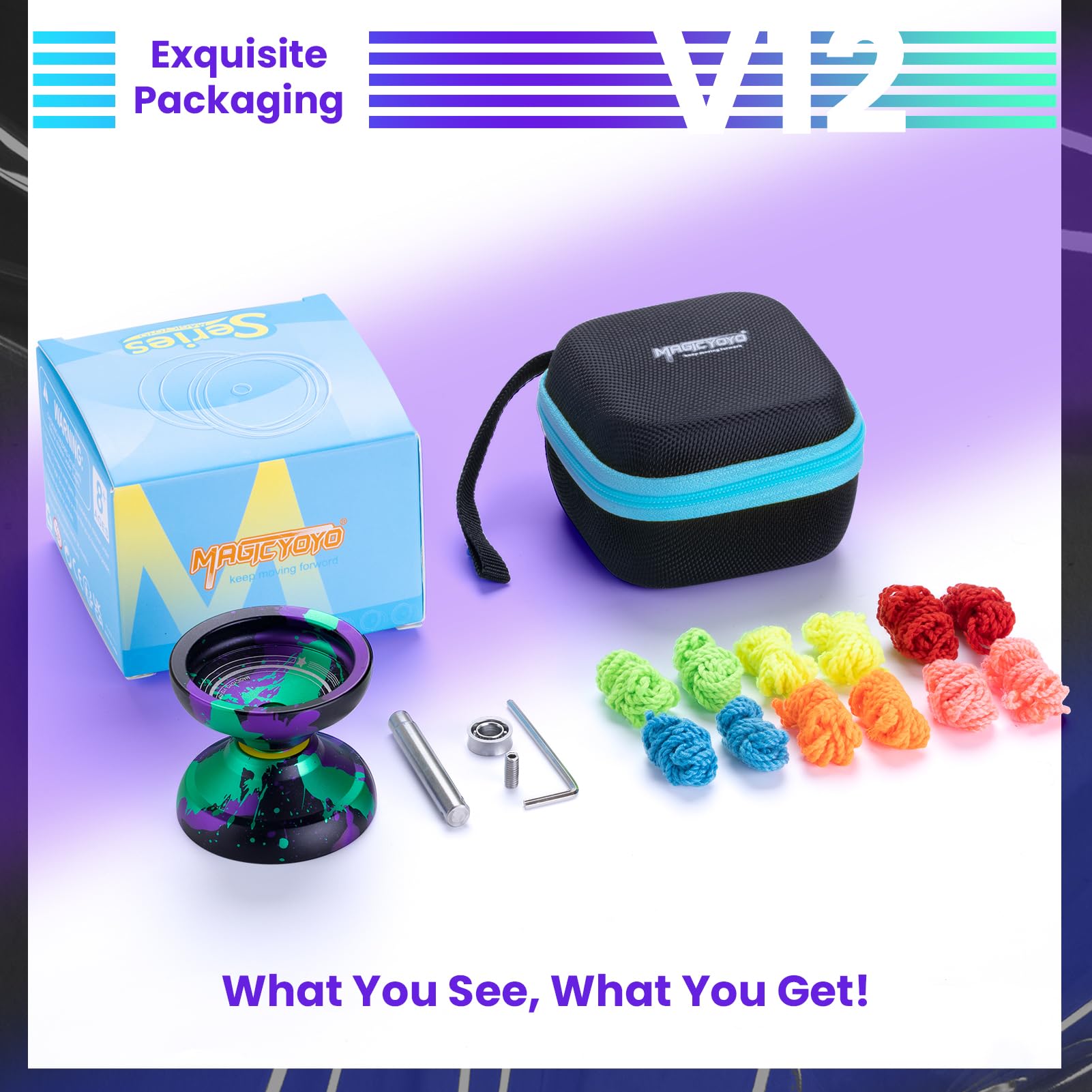 MAGICYOYO V12 Finger Spin Yoyo - Professional Responsive & Unresponsive Yoyo for Kids & Adults, 12 Strings & Accessory Kit - Black, Green, Purple