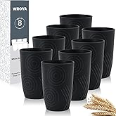 Wrova Wheat Straw Cups 16oz set of 8 with Etched Pattern - Alternative Plastic Cups Dishwasher Safe Tumbler - Plastic Drinking Cups Unbreakable for Kids - Pure Black