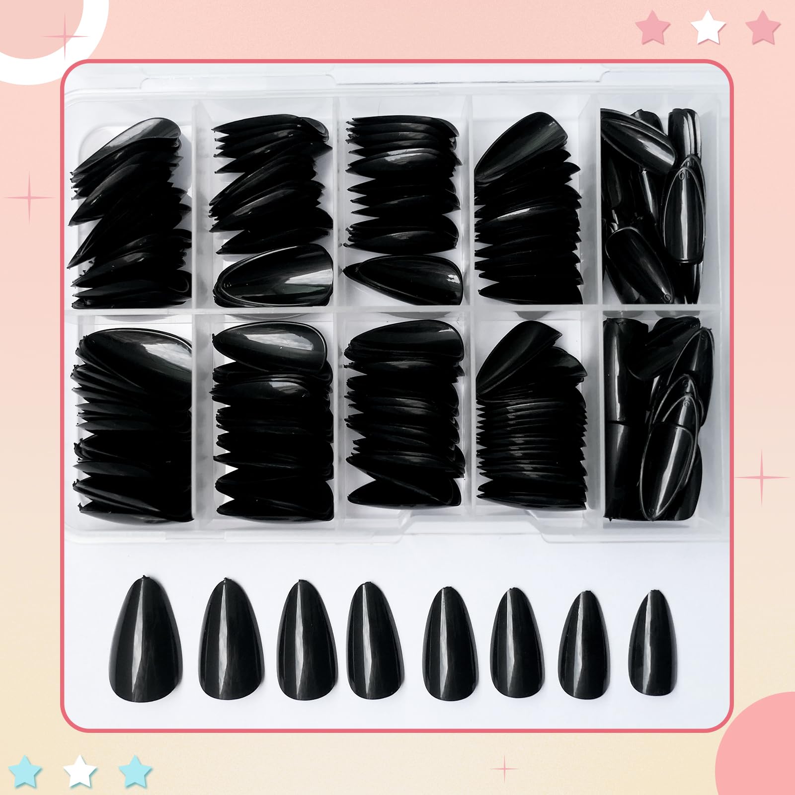 Bellelfin 240Pcs Short Press on Nails Almond Black Fake Nails, Solid Color Acrylic Nails Press ons Full Cover Artificial False Nail Tip with 5 Sheets Adhesive Tabs for Women Girls - Image 6