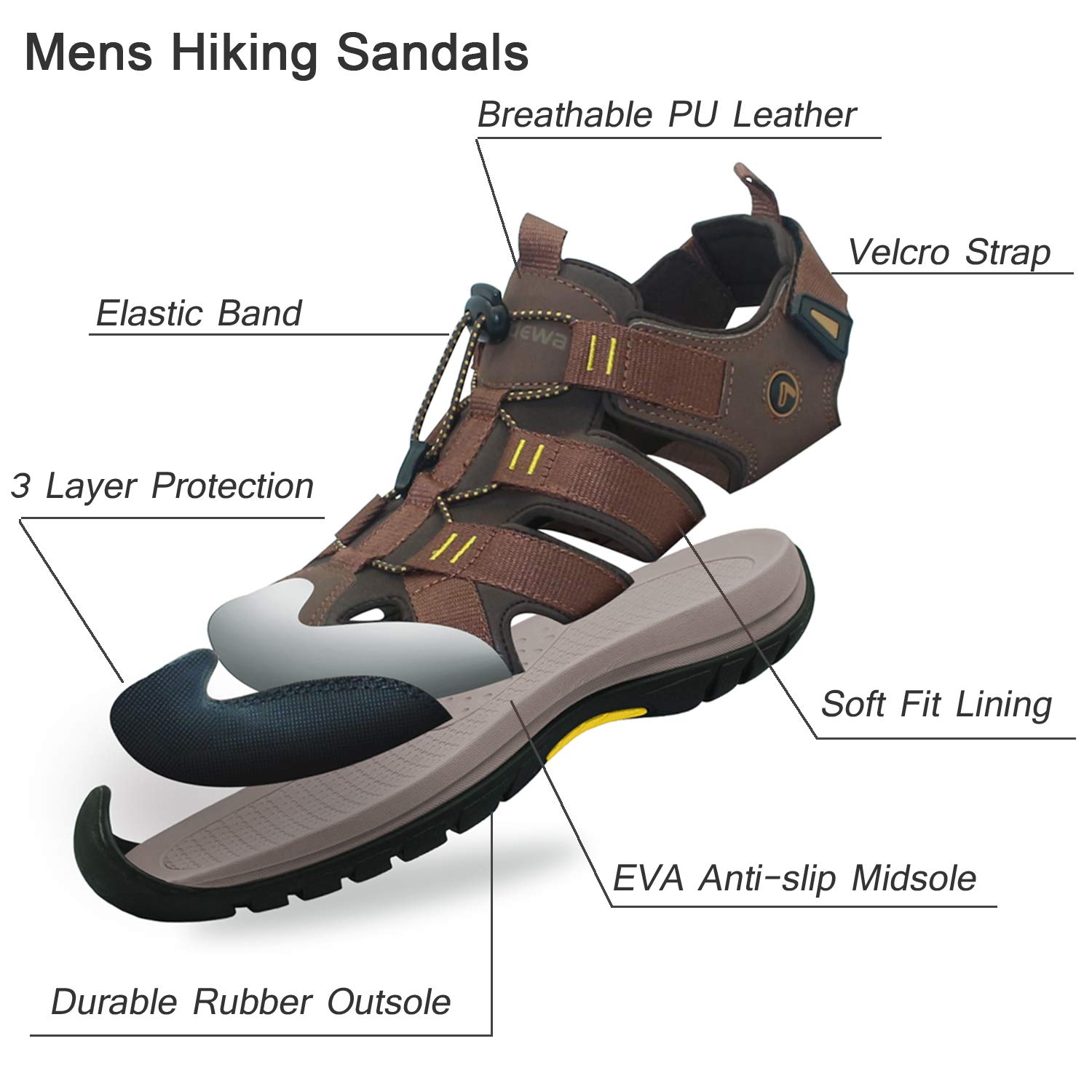 AMIDEWA Men\'s Hiking Sandals Closed Toe Adjustable Outdoor Sport Water Shoes for Athletic Fisherman Beach Walking - Brown - 11