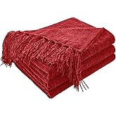 CozeCube Chenille Throw Blanket for Couch, Cozy Plush Fuzzy Decorative Christmas Red Blanket with Fringe Tassels, Lightweight Throws for Bed Sofa Gift Home Decor, 50"X60"