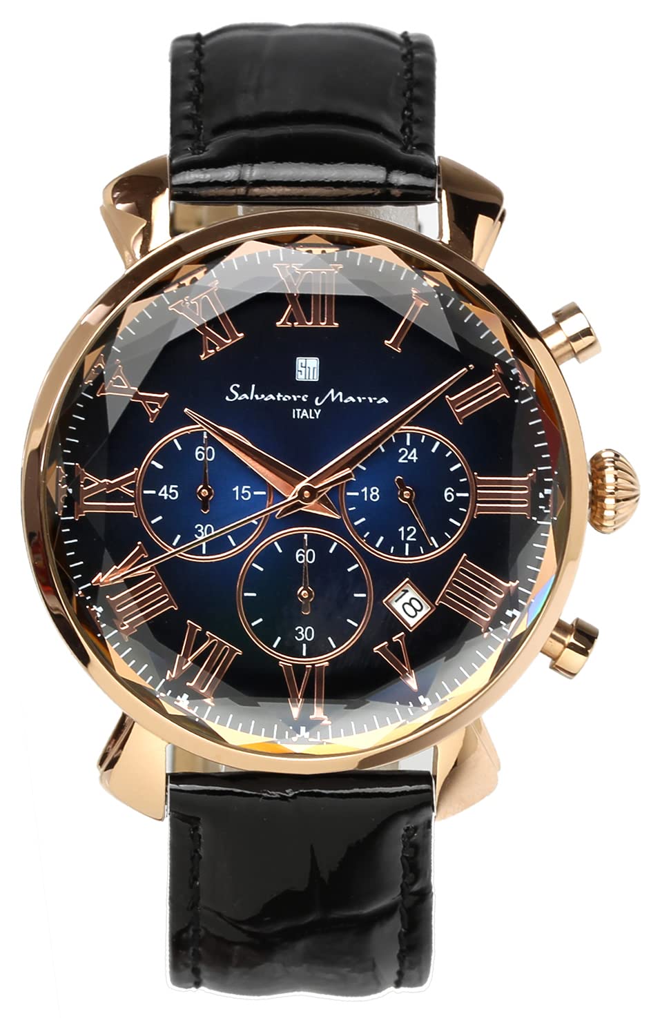 Salvatore Marra(サルバトーレマーラ) Salvatore Mara SM19104-PGBLBK Men's Watch, Watch, Multi-faceted Glass, Chronograph, Leather Strap, Gradation, Green, Blue, Black, blue, Elegant Sports