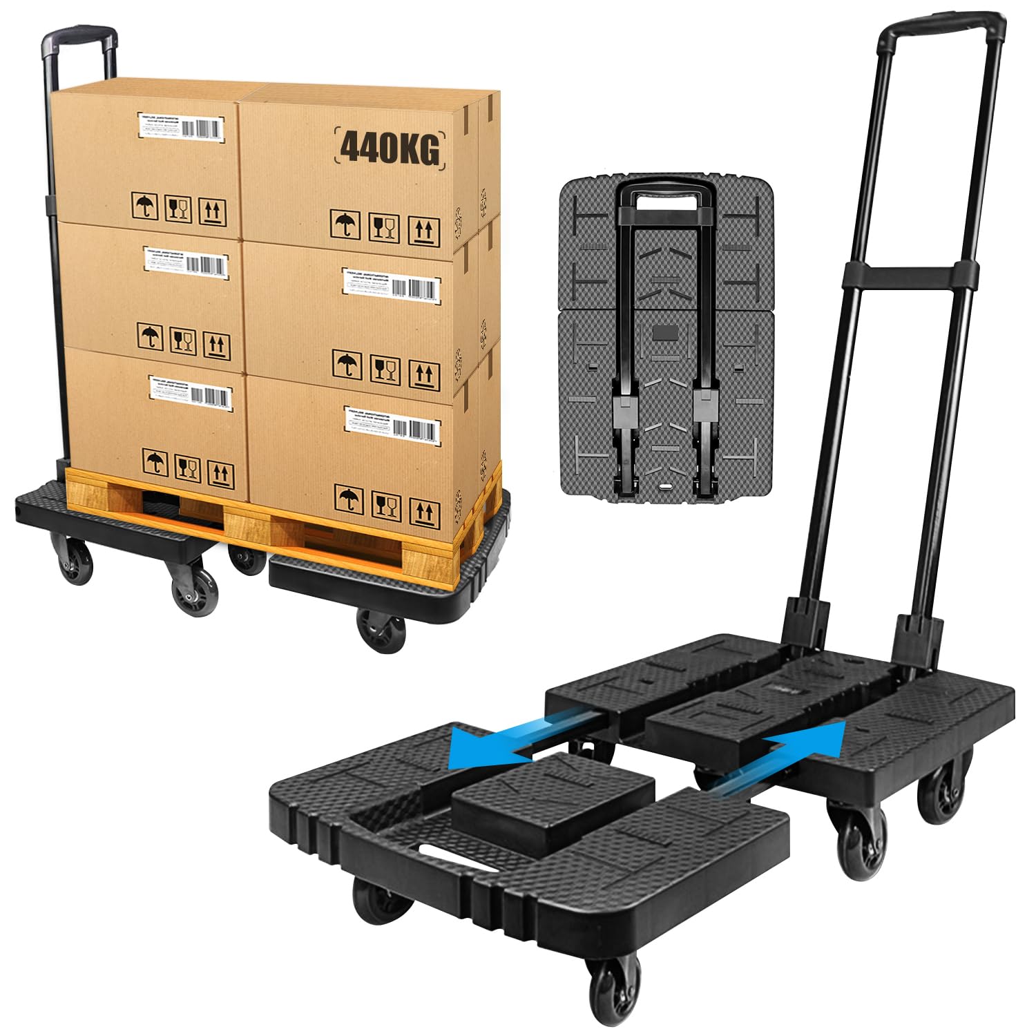 Folding Hand Truck, Wear-Resistant Noiseless 360°Rotate 7 Wheels 245KG/540LBS Capacity Extendable Large Base Adjustable Handle Portable Heavy Duty and Durable Trolley Dolly For Cargo Handling Shopping