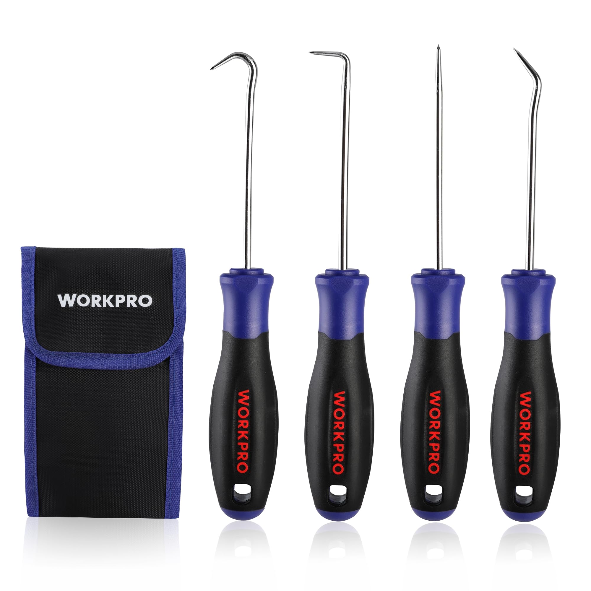 WORKPRO 4-Piece Mini Pick and Hook Set, Precision Automotive Pick Tool Set for Removing Hoses, Oil Rings and Seals, Ergonomic Handle with Carry Bag, Perfect for Car Tools