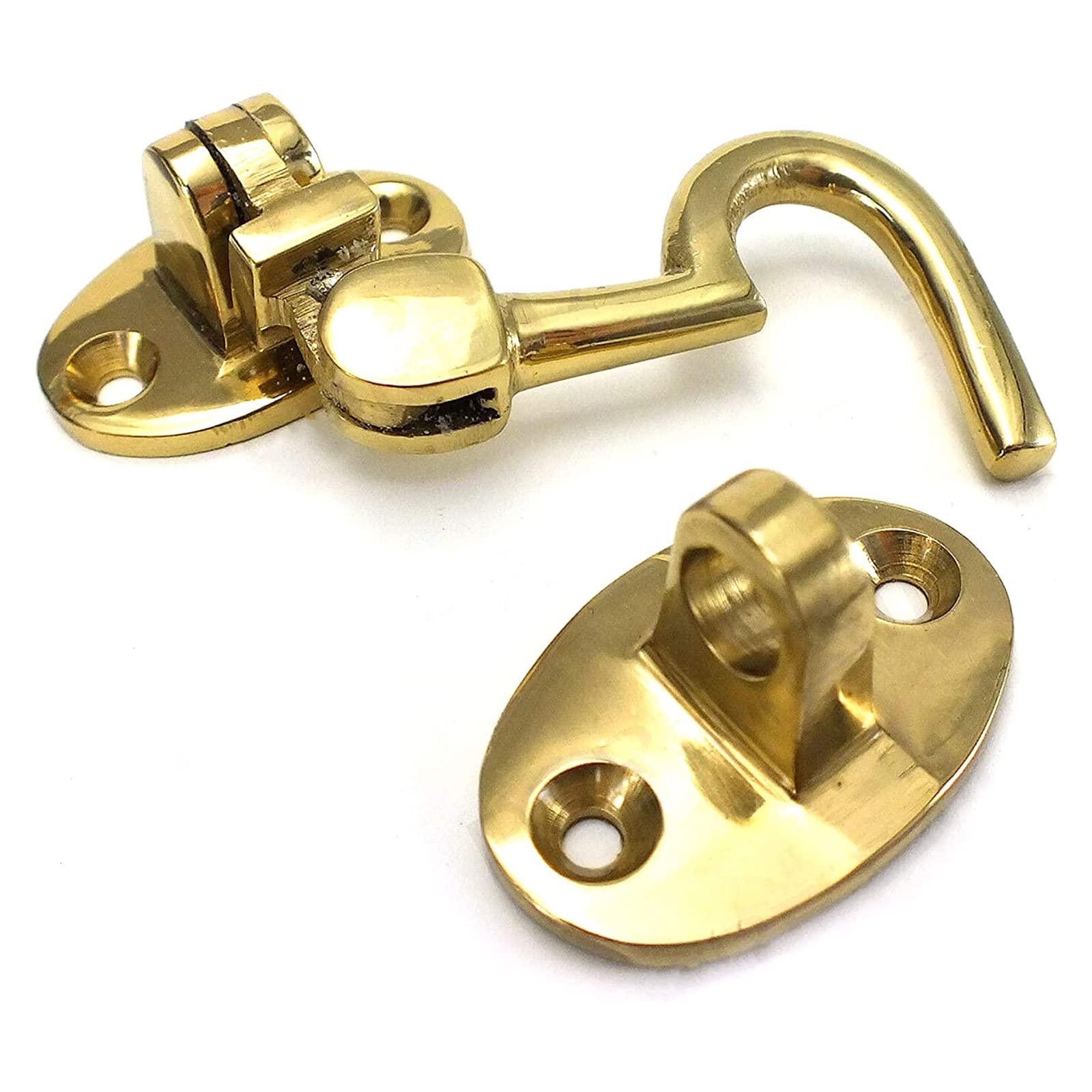 Small Brass Cabin Hook 3-Inch/ 75mm Brass Cabin Hook & Eye Silent Catch Door Latch Holder with Screws Silent Cabin Hook for Shed Gate Catch Garden Gate Latch Patio Doors Pack of 1.