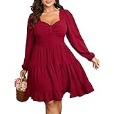 SCOMCHIC Women's Plus Size Dresses Cocktail Long Sleeve Sweetheart Neckline A Line Boho Cute Flowy Fall Mini Short Dress