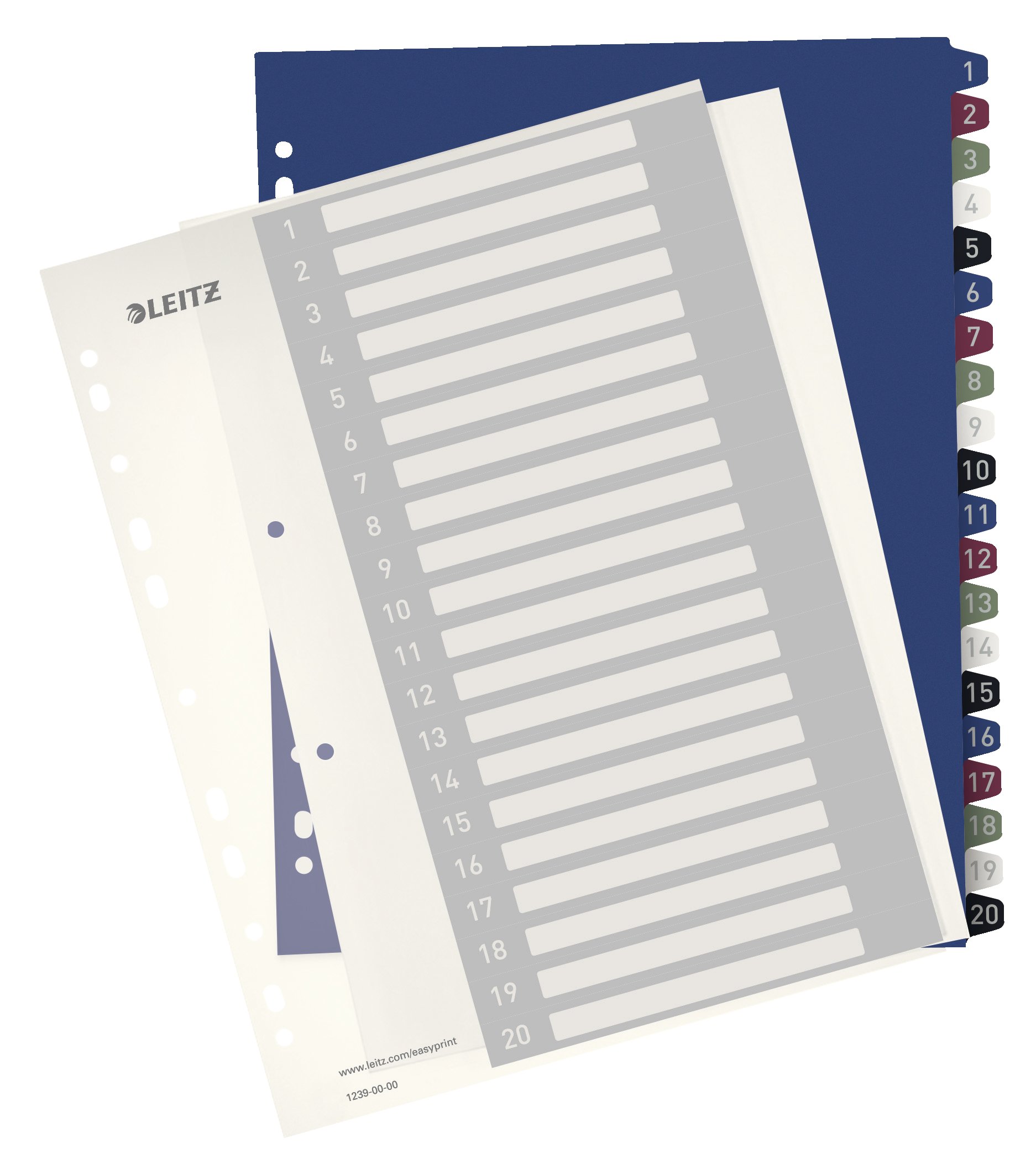 Leitz 1-20 Index, A4, PC Printable, Heavy Duty Plastic, Extra Wide, 12390000 - Multi-Colour