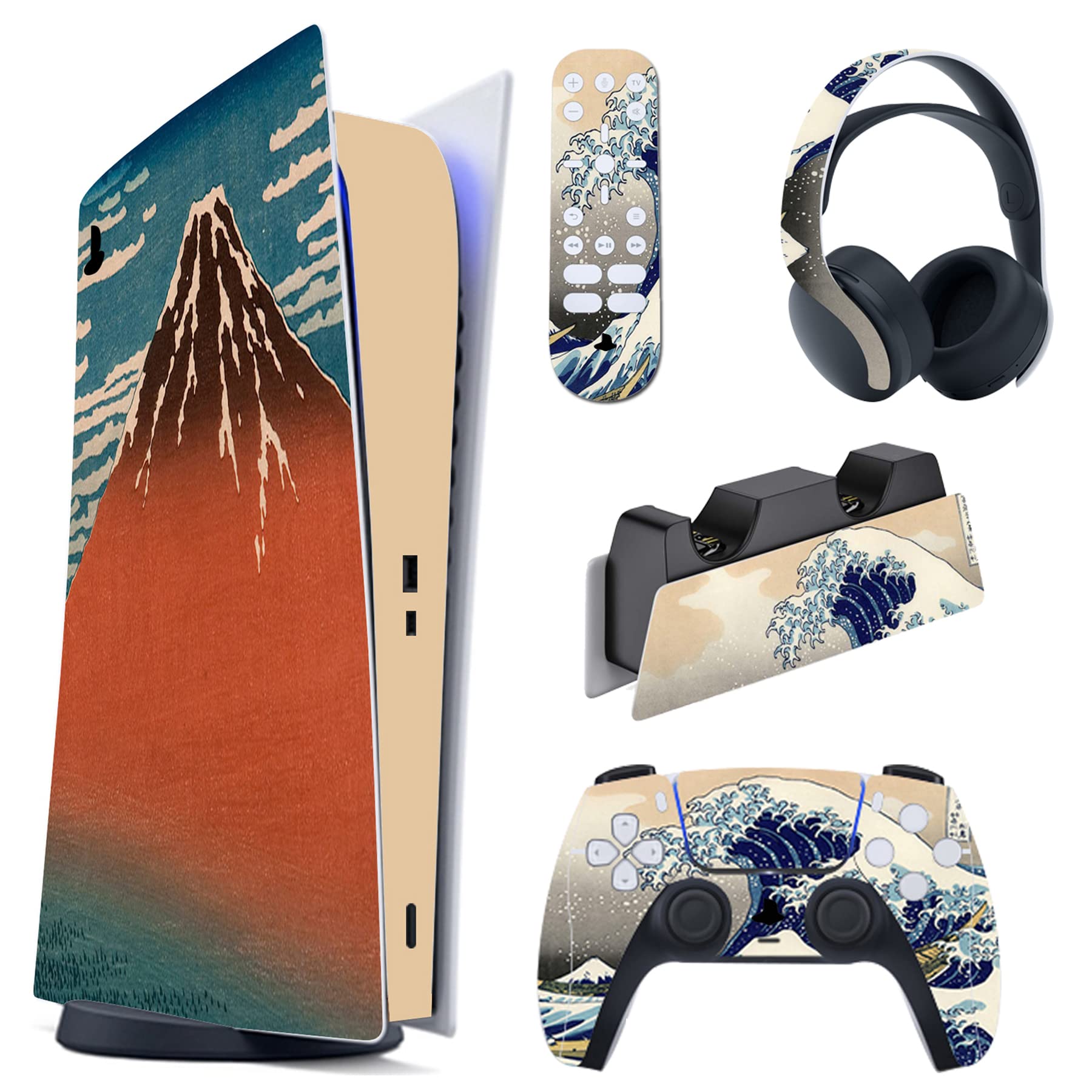PlayVital The Great Wave Full Set Skin Decal for ps5 Console Digital Edition,Sticker Vinyl Decal Cover for ps5 Controller & Charging Station & Headset & Media Remote