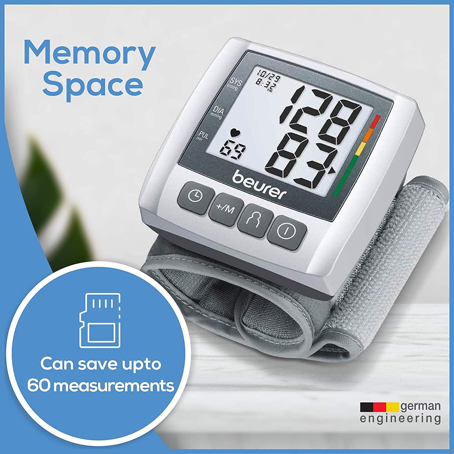 Beurer Wrist Blood Pressure Machine with Adjustable Blood Pressure Cuff - Automatic & Digital Wrist Blood Pressure Monitor, 2x60 Memory Reading, XL LCD Display - Home BP Monitor, BC30
