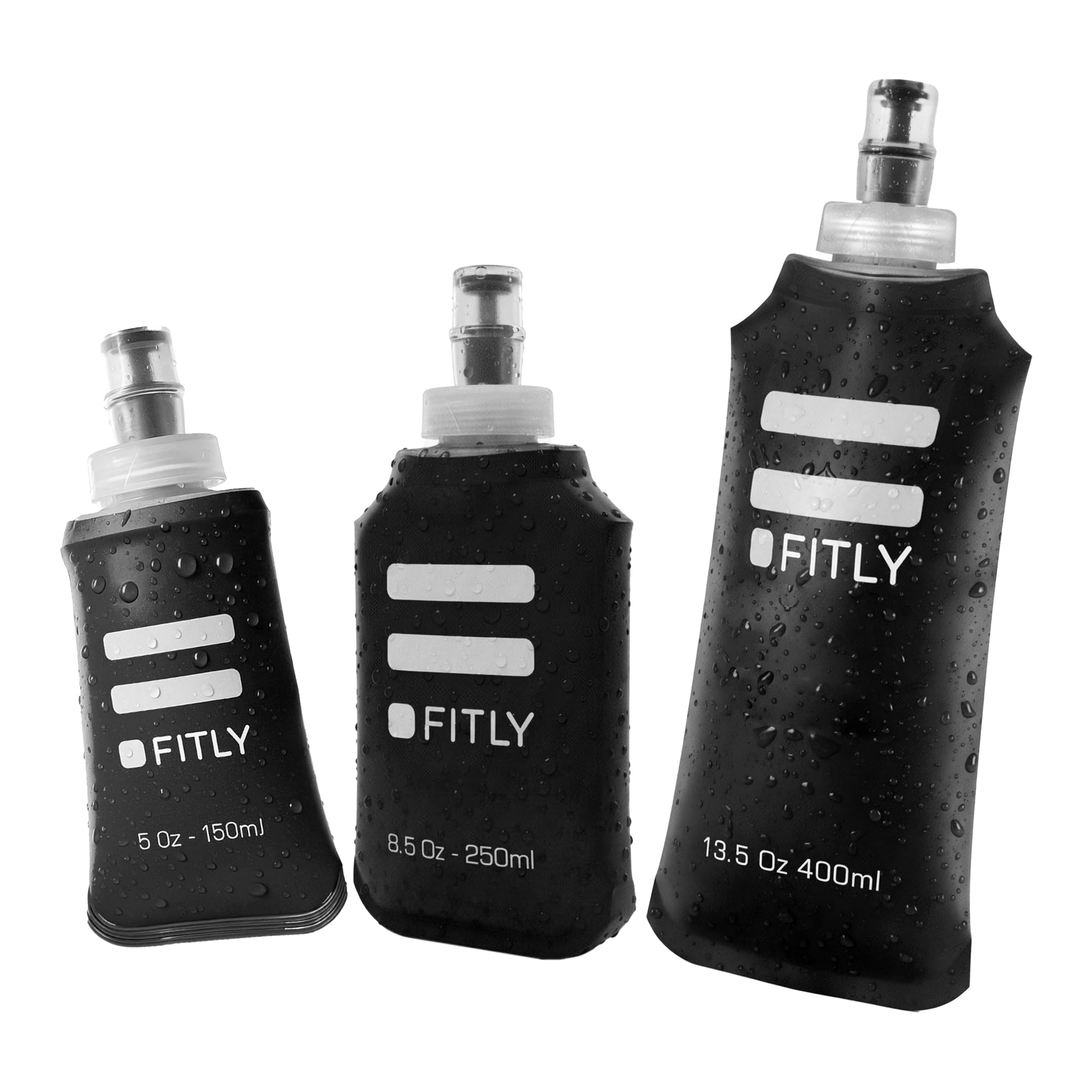 FITLY Soft Flask 3 Pack - 5 oz (150 ml), 8.5oz (250ml), & 13.5oz (400ml) - Shrink As You Drink Soft Water Bottle for Hydration Pack - Folding Water Bottle for Running & Hiking - Running Water Bottle