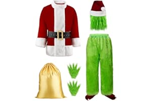 Suroomy Green Christmas Costume for Men Halloween Costumes Adult Santa Costume 8PCS Deluxe Funny Cosplay Outfit