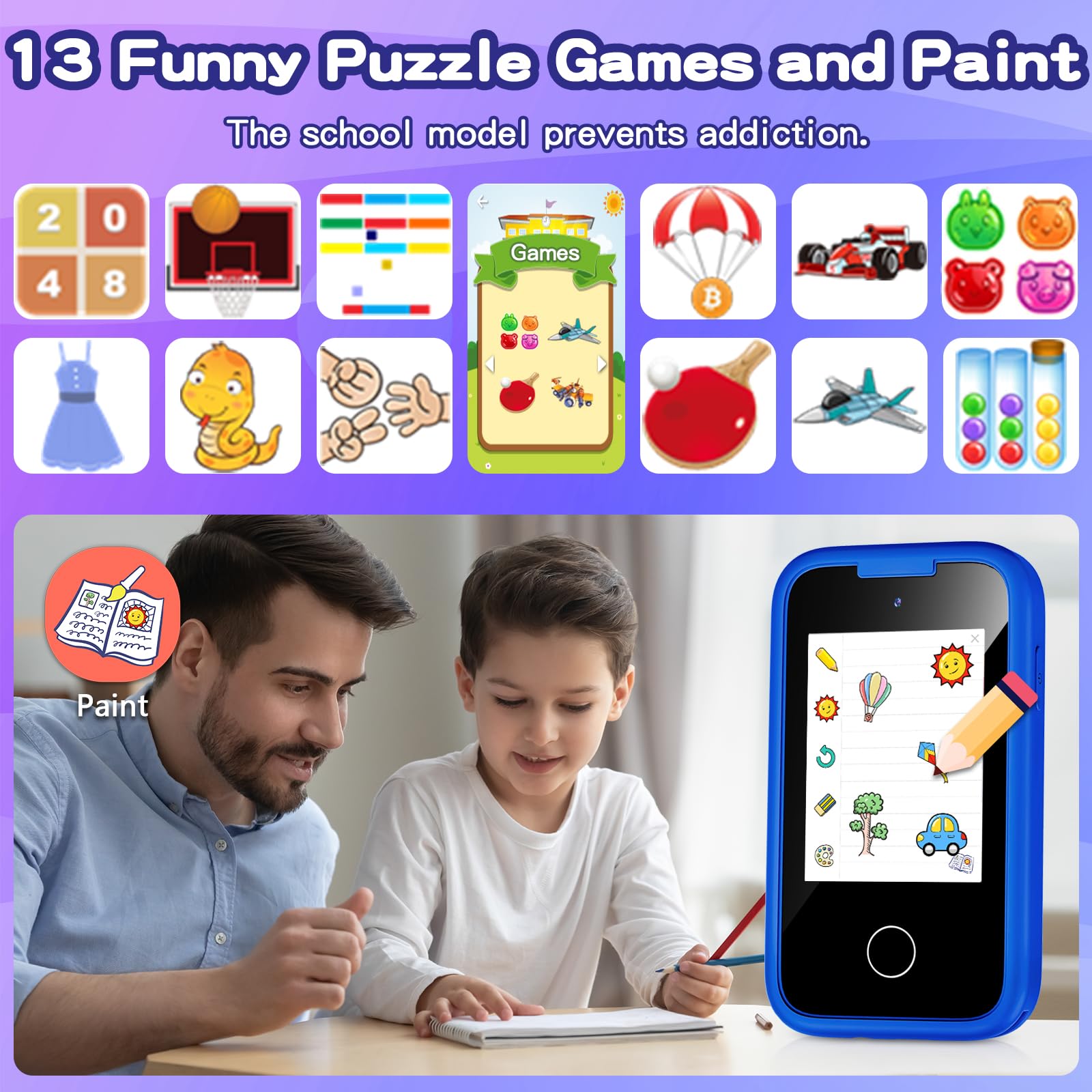 Kids Phone for Boys, Toddler Smart Phone for Girls 3 4 5 6 7 8 Years Old, Birthday Gift for Boys Age 3-8, Pretend Play Toy Phone, Fake Cell Phone with Games, MP3 Music Player(Blue)