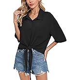 SUEANI Women’s Tie Front Button Down Shirt Casual 3/4 Sleeve Collared Work Blouse with Pocket