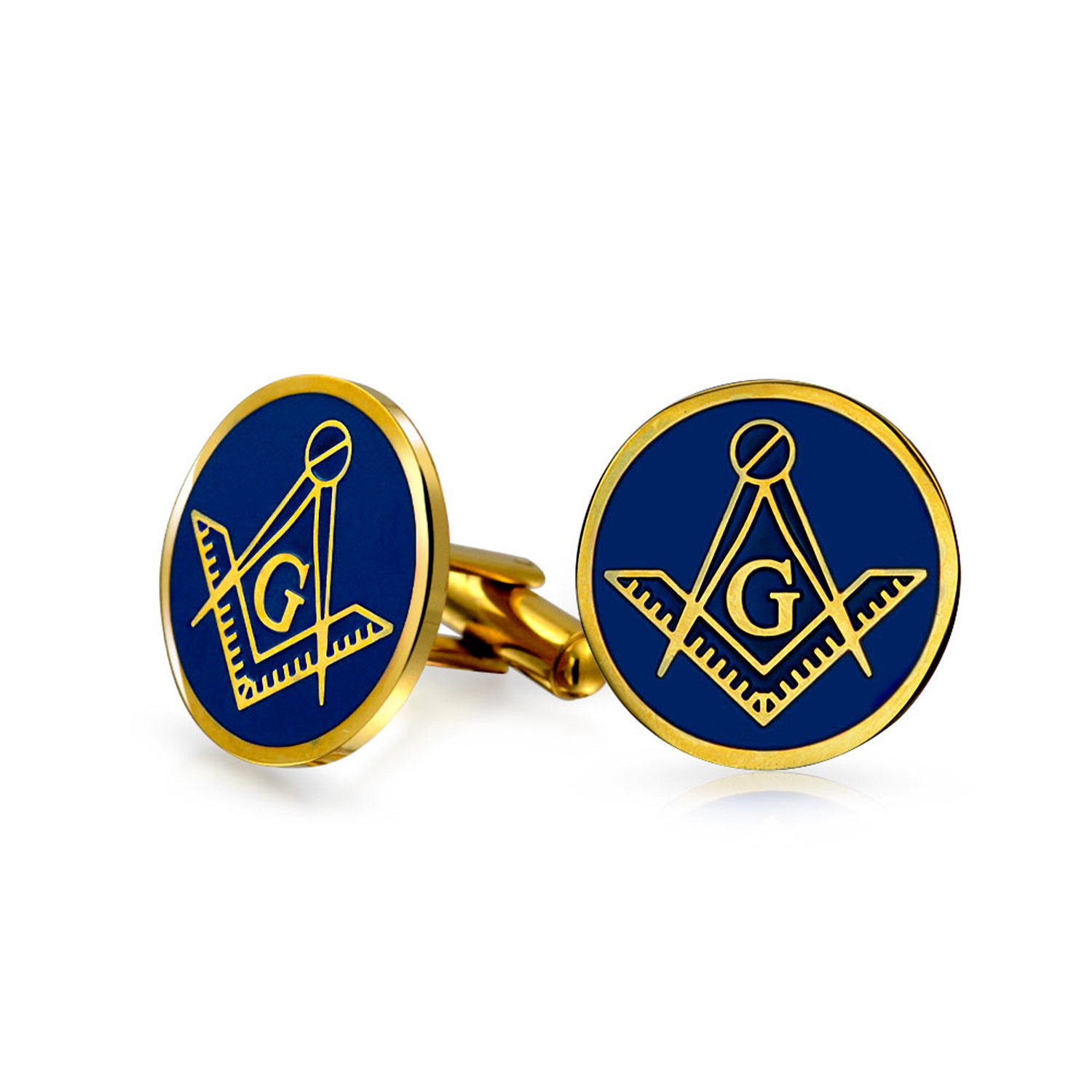 Round Circle Disc Freemasons Compass Symbol Masonic Cufflinks For Men Royal Blue Enamel Two Tone Silver Tone Stainless Steel Hinge Bullet Back