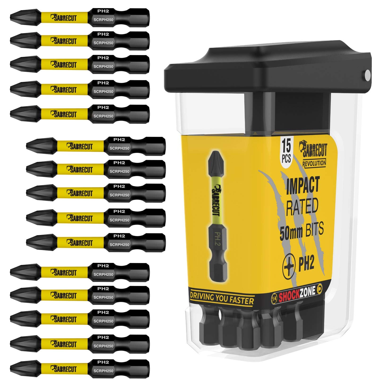 15 x SabreCut SCRPH25015B 50mm PH2 Magnetic Impact Screwdriver Driver Bits Set in a TIC TAC Box Single Ended Phillips Heavy Duty