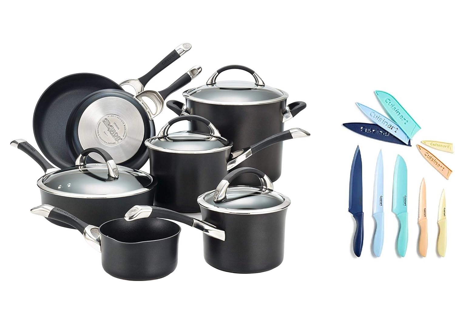 Circulon 87376 Symmetry Cookware Set, 11-Piece, Black W/ 10- Piece Ceramic-Coated Stainless Steel Knife Set