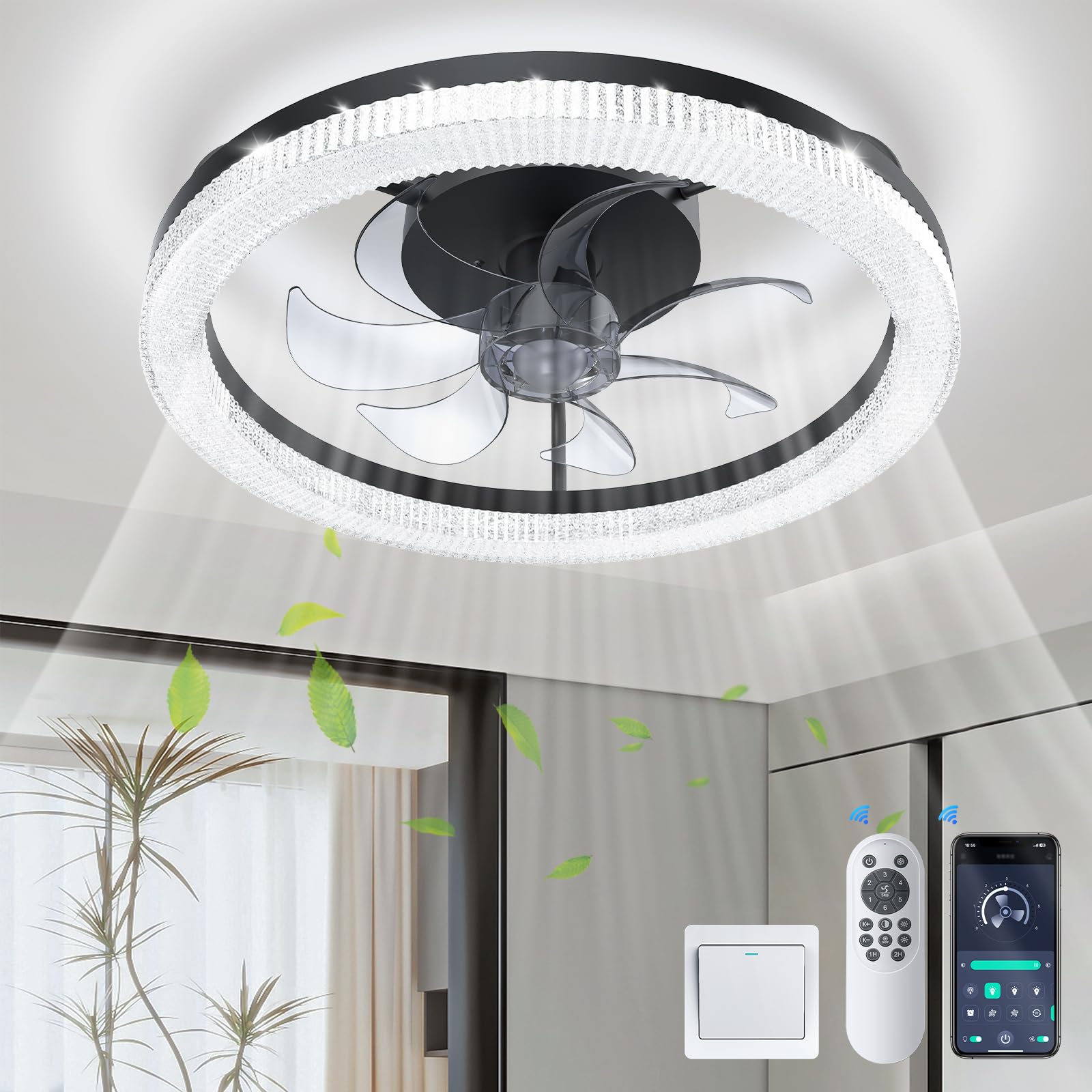 Photo 1 of Ceiling Fans with Lights and Remote - Flush Mount Ceiling Fan, 20 Inch Low Profile Ceiling Fan with Light,Reversible, 3000K-6600K Dimmable,6 Speeds,Noiseless, for Bedroom/Living Room/Kitchen- Black