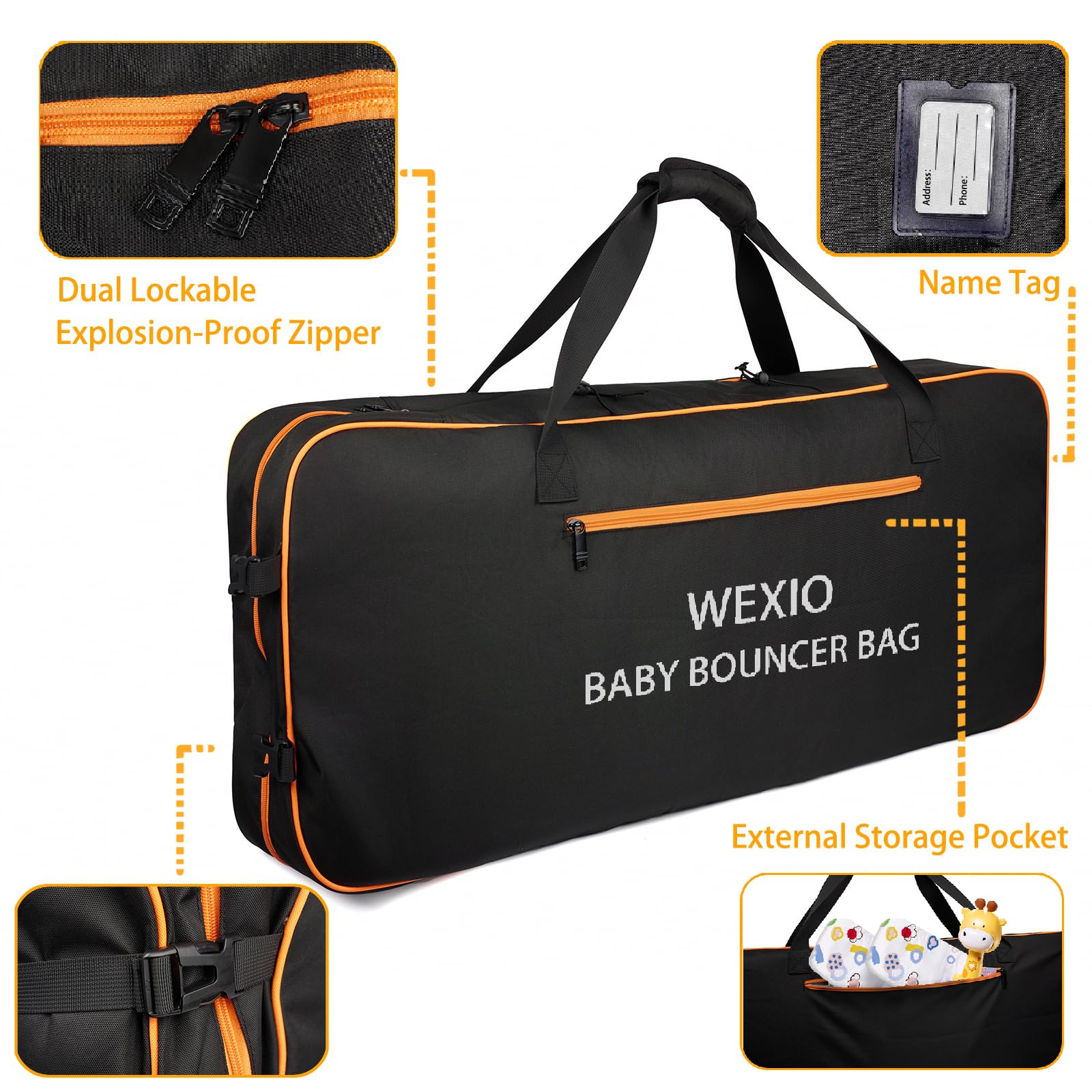 Padded Baby Bouncer Transport Bag, Waterproof Infant Bouncy Seat Travel Bag, Double Zipped Newborn Bouncer Cover with Shoulder Pad，15.7 x 4.7 x 35.4 Inches