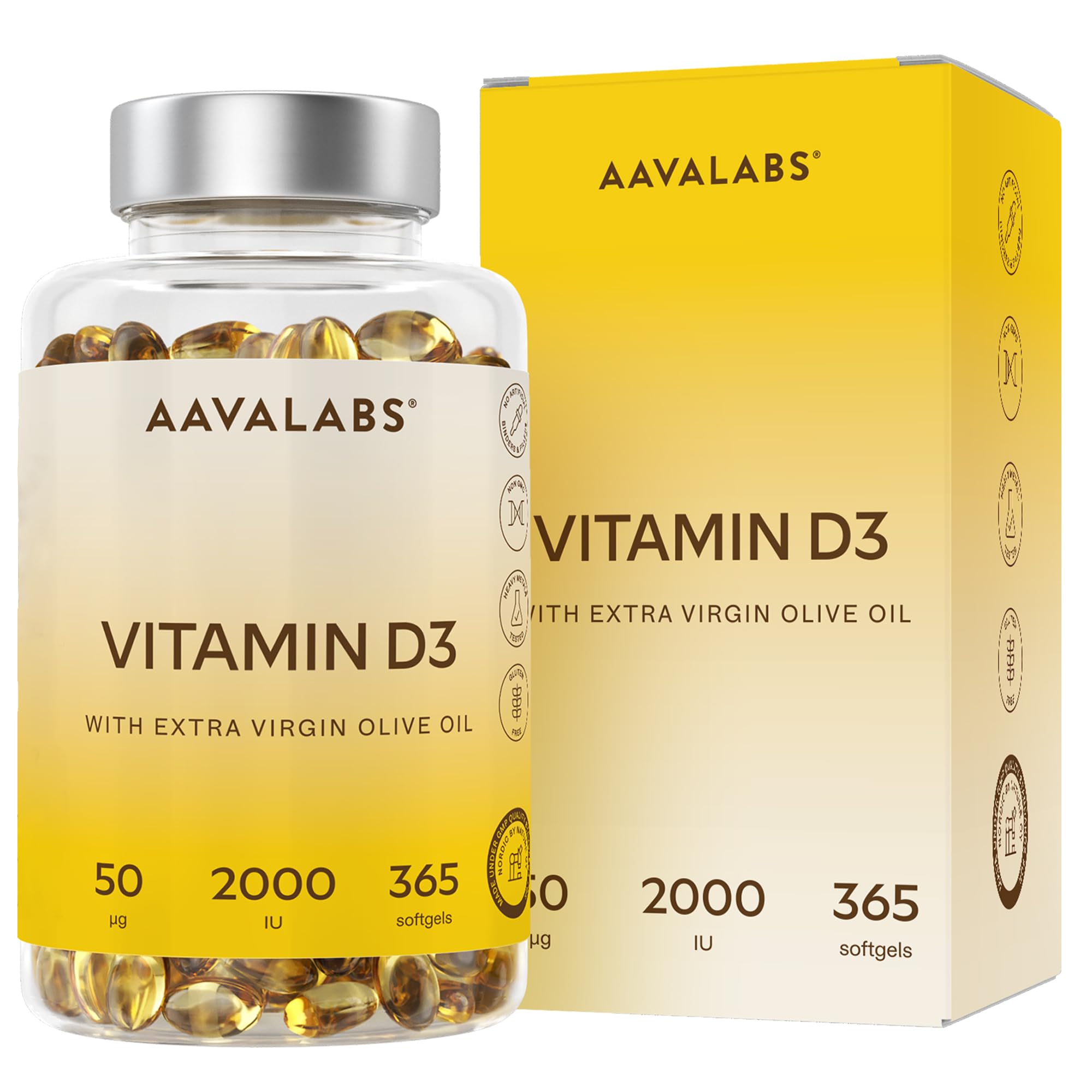 Vitamin D3 [2000 IU] - with Extra Virgin Olive Oil for Optimum Absorption - High Strength Vitamin D Supplement - Contributes to Bone, Muscle and Immune Function - 365 Vitamin D Capsules