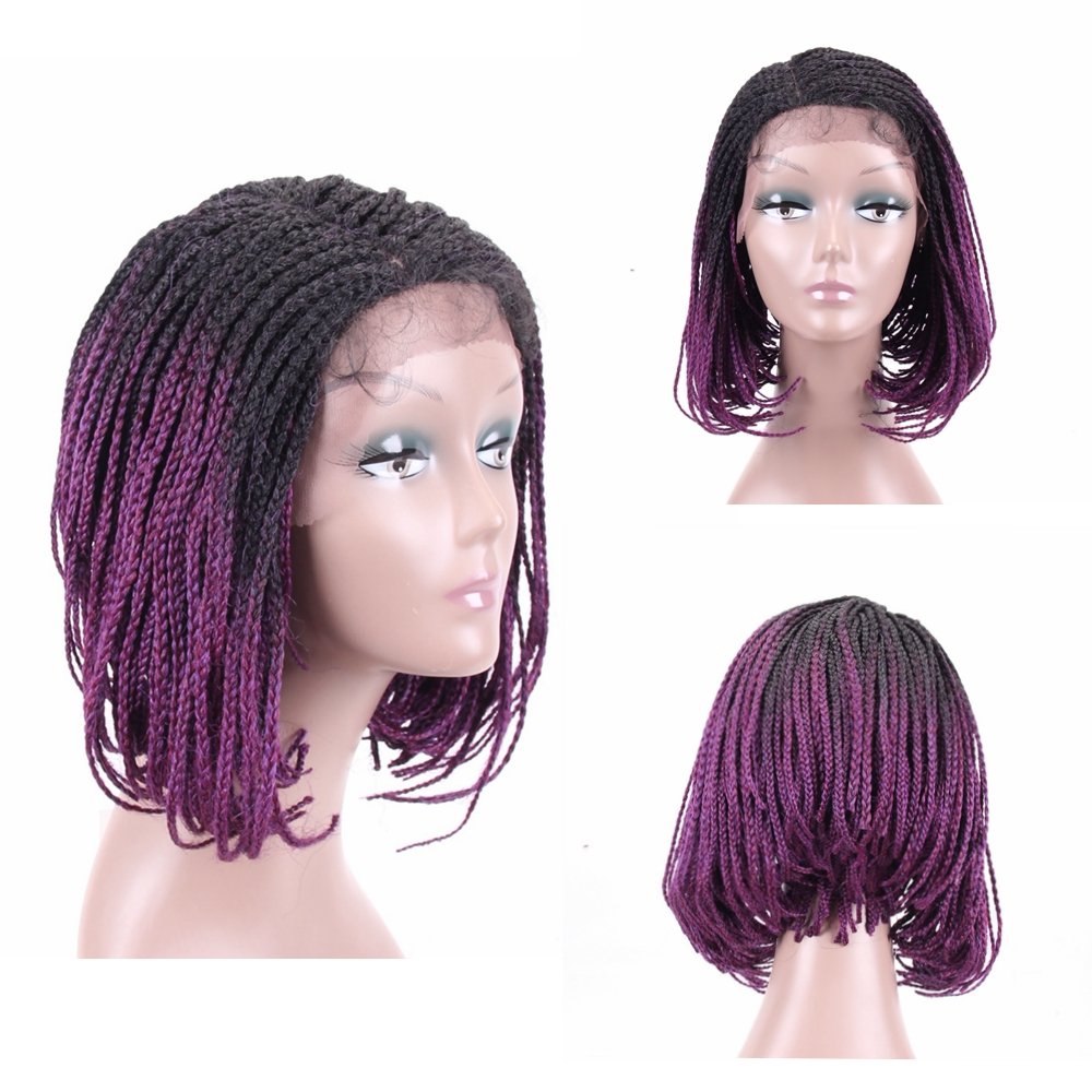 Hair Way Box Braided Wigs Bob Lace Front Wig For Black Women Black To Purple Glueless Short Bob Braided Lace Wig With Baby Hair For Daily Wear Half Hand Tied 12inches 1b Purple