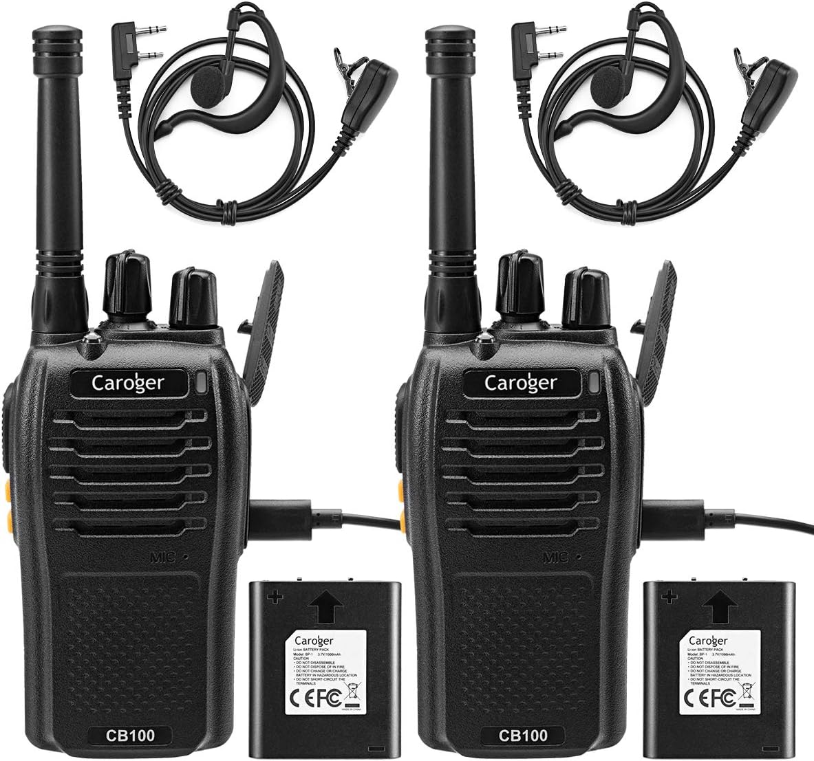 Caroger Walkie Talkie Rechargeable Long Range License-Free PMR 446MHz 16 Channels Professional Two Way Radio with USB Charger,Earpieces,Voice Prompt for Biking,Hiking (2PCS,Black)