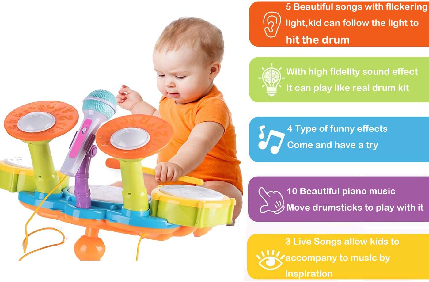 Cozybuy Kids Drum Set, Electronic Musical Instruments Toddlers Toys with 2 Drum Sticks, Beats Flash Light and Adjustable Microphone, Birthday Gift for 1-12 Years Old Boys and Girls: Toys & Games
