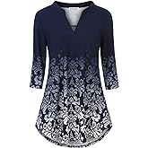 BAISHENGGT 3/4 Sleeve Tops for Women Notch V Neck Floral Work Blouses Dressy Casual Loose Fit Going Out Tunic Tops