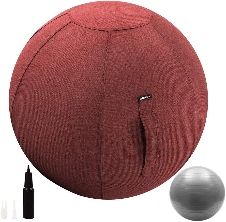 Guken Sitting Ball Chair with Cover, Exercise Yoga Ball for Office and Home Muscle Training Fitness, Stability Ball with Pump and Handle (Wine, 75cm)