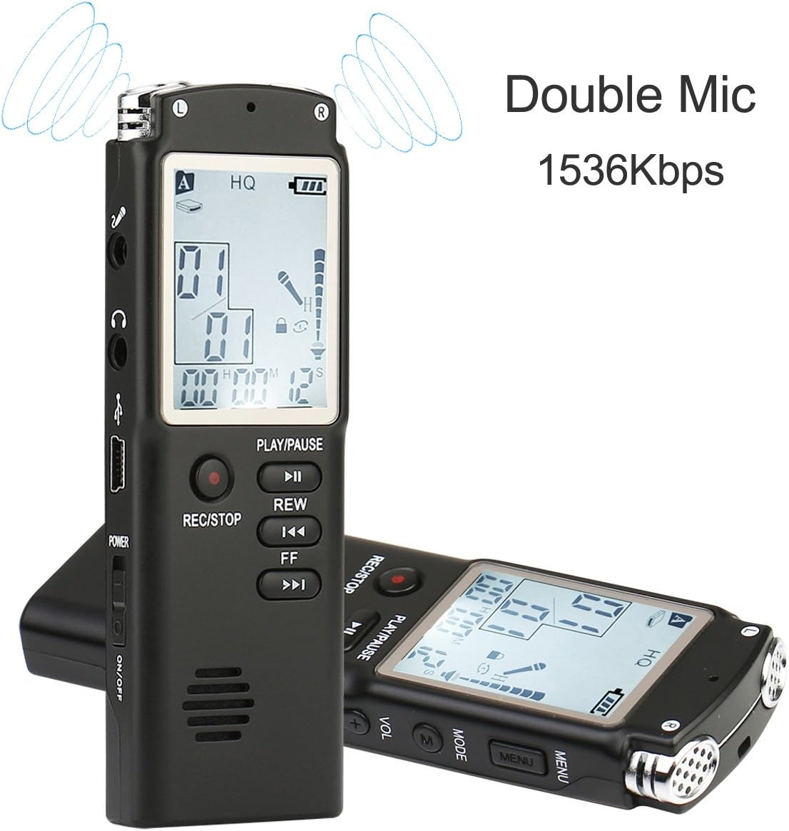 Digital Voice Recorder, HccToo Dictaphone 8GB 1536Kbps Multifunctional HD Stereo Recording Double Microphone/Noise Cancelling/Voice Activated with MP3 Player Function Perfect for Recording Interviews, Class, Lectures, Conferences, Conversation and Meetings (T060-Black)