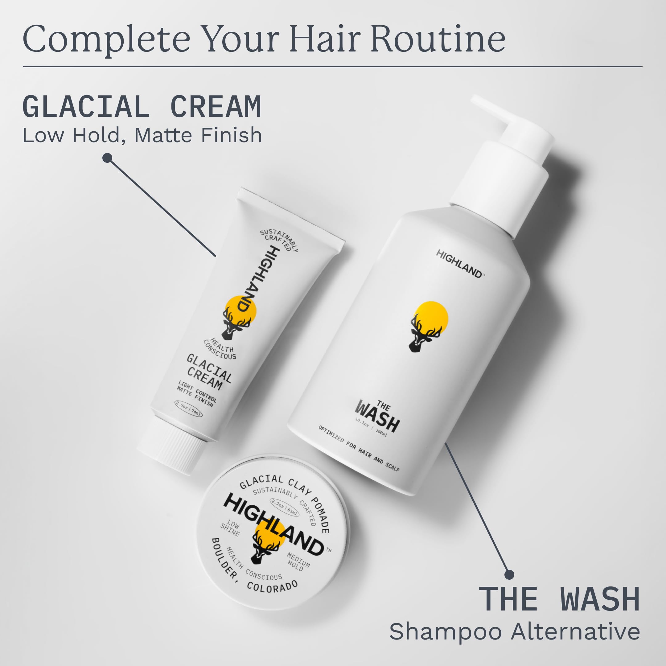 Highland Glacial Hair Clay Pomade - Award winning hair styling clay for men and women made with 100% all natural and organic ingredients that promote hair and scalp health. Low shine, Medium Hold.