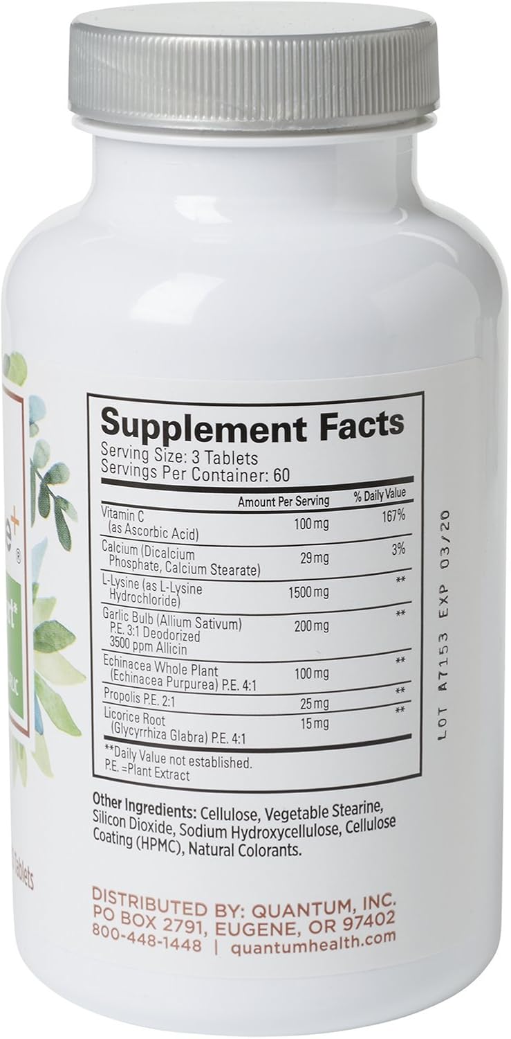 Quantum Health Super Lysine+ / Advanced Formula Lysine+ Immune Support with Vitamin C, Echinacea, Licorice, Propolis, Odorless Garlic (180 Tablets): Health & Personal Care