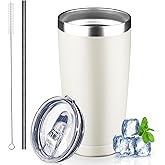 GUDEMAO 20 oz Tumbler with Lids and Straws, Stainless Steel Insulated Coffee Tumbler, Double Wall Vacuum Insulated Travel Mug Cup, Leakproof Thermal Coffee Cup for Hot and Cold Drinks (cream)