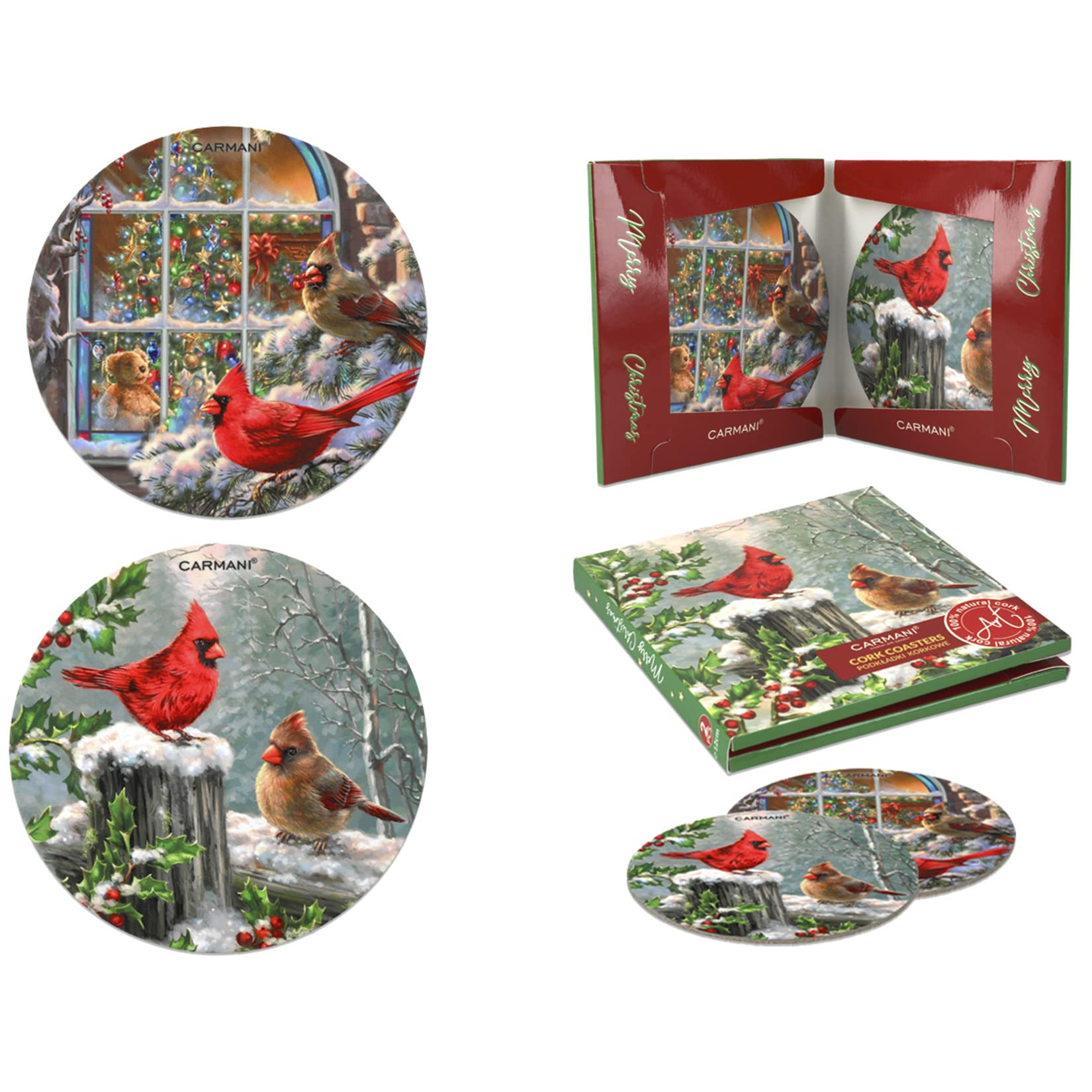 CARMANI - Circular Cork Pad Set of 2 Pieces Cork mat/Coaster Decorated with Christmas Theme Winter Birds