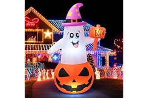 BOHON 5Ft Halloween Inflatables Decorations Outdoor Cute Pumpkin Ghost with Witch Hat Built-in Led Lights Blow Up Yard Decor Inflatable Clearance for Indoor Outside Home Holiday Party Lawn Garden