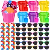Tanlade 121 Pcs Summer Beach Party Favor Set Mini Buckets Shovels Supplies | 24 Sand Buckets, 24 Plastic Sand Shovels, 24 Mini Beach Balls, 24 Party Sunglasses, 24 Cards, and 1 Rope, for Beach Party