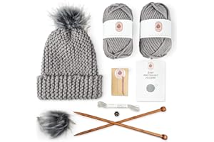 Knitting Kits for Beginners Adults – Practical and Easy to Use Hat Knitting Kit with Yarn, Bamboo Knitting Needles, Faux Pom 