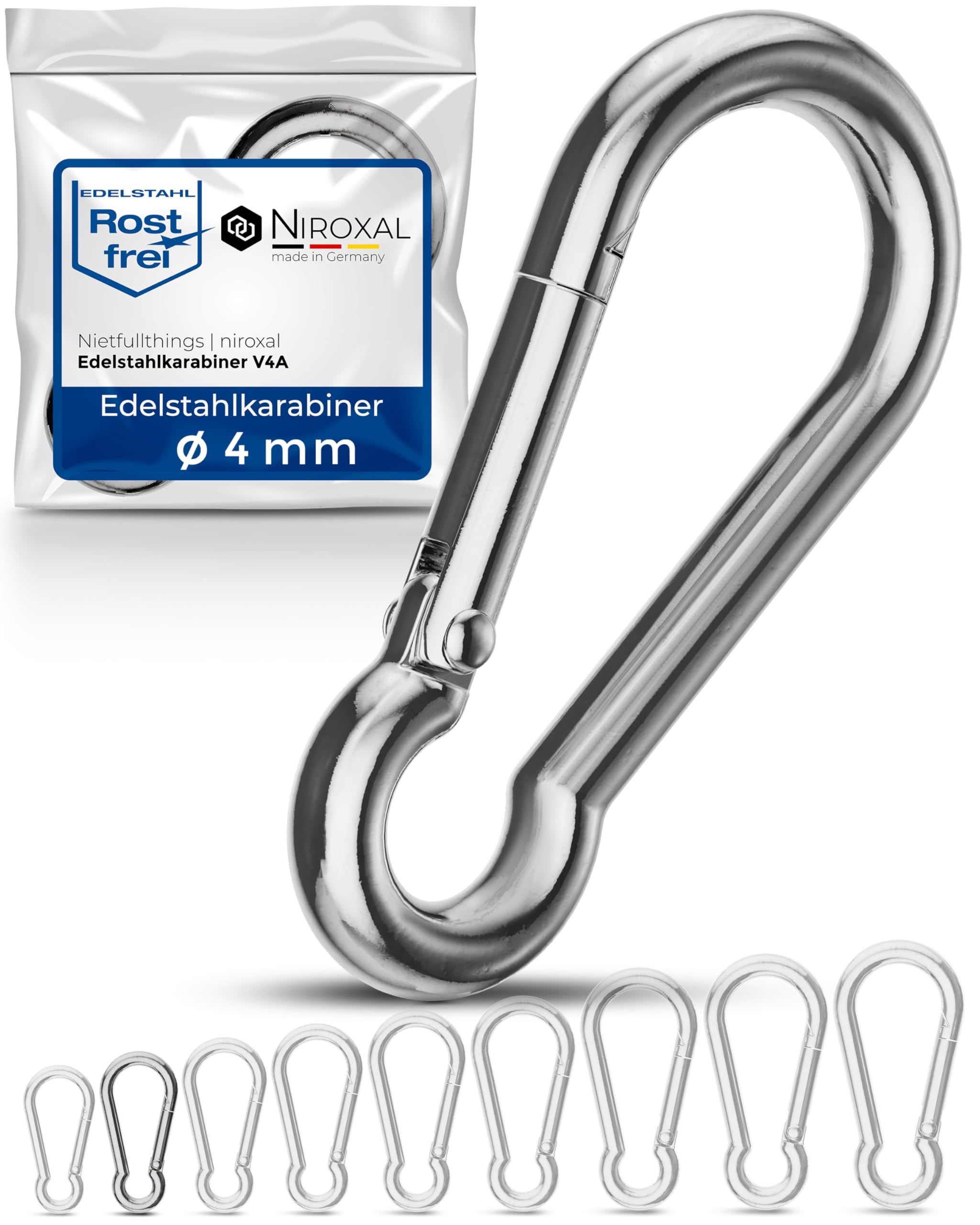 Niroxal 4 mm Stainless Steel Snap Hook – Heavy Duty Carabiner Clip – Marine Grade 316 – Spring Snap Hook – Pack of 10