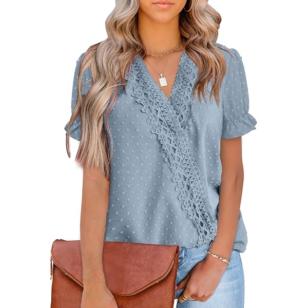FEEKEKE Women's Chiffon Blouse - Polka Dot V-Neck Short Sleeve Casual Top, Loose Fit - View #6