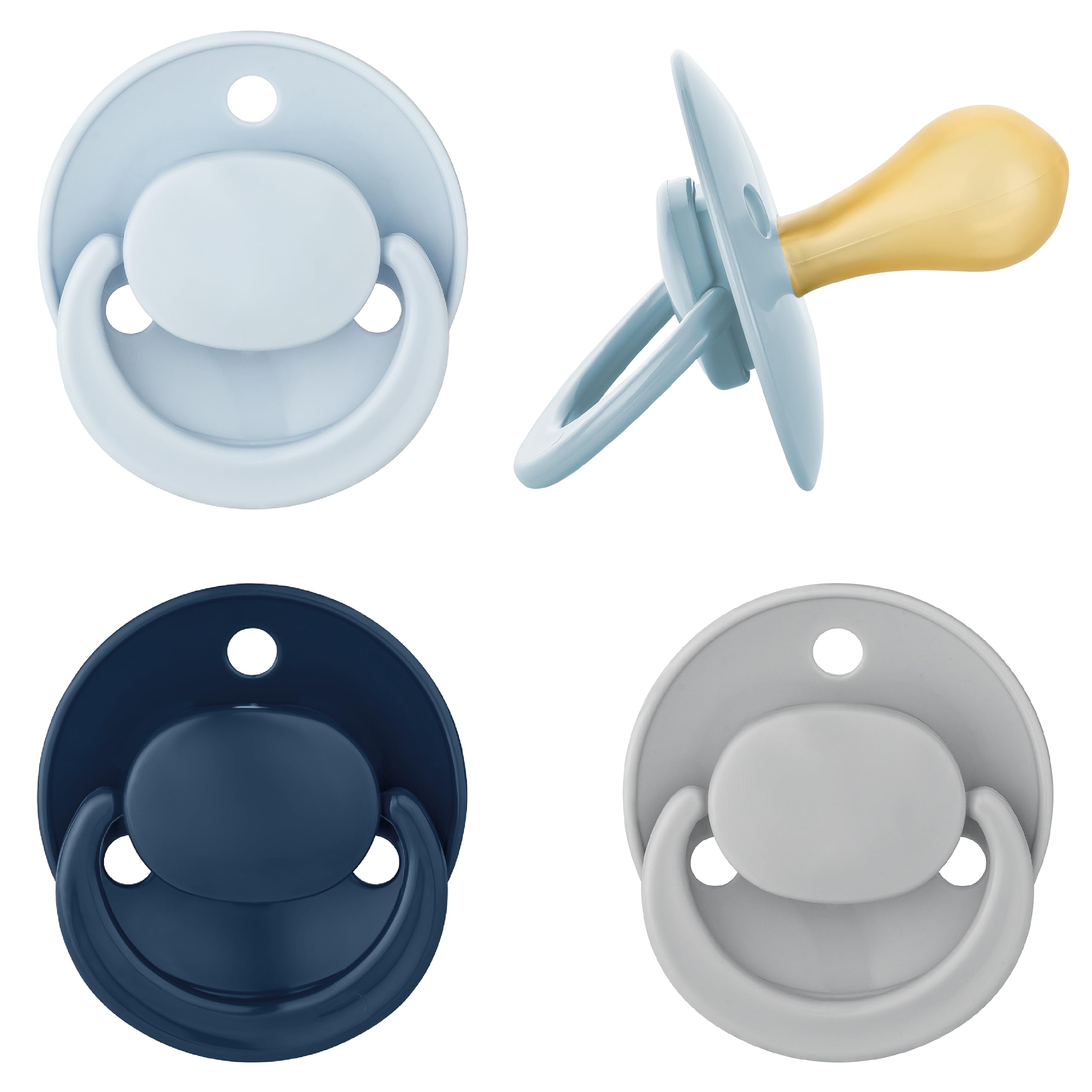 babynova Round Latex Dummy for Babies from 6-24 Months - Set of 4 Cherry Dummies - Natural BPA Free Rubber Latex - Made in Germany - Blue & Grey