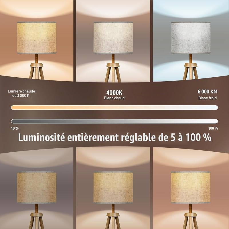 Lampadaire Trépied LED Dimmable, Ampoule E27 12W Fournie Lampe sur Pied en Bois avec Télécommande et Interrupteur à Pied, 3 Températures de Couleur Lampadaire Salon
