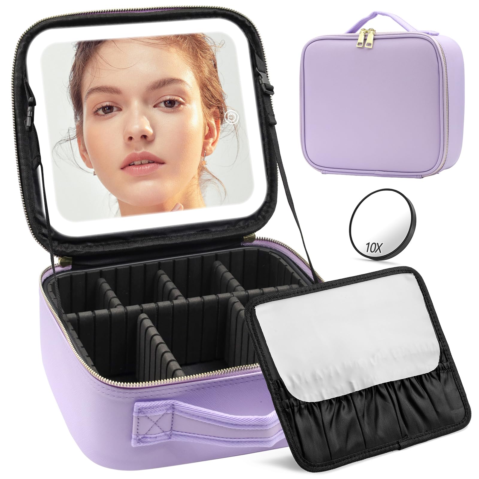 Travel Makeup Bag with Lighted Mirror, Makeup Organizer Bag with 3 Color Lighting Adjustable Brightness, Make up Case with Mirror and Lights Portable Cosmetic Storage Tools Accessories Gifts(Purple)