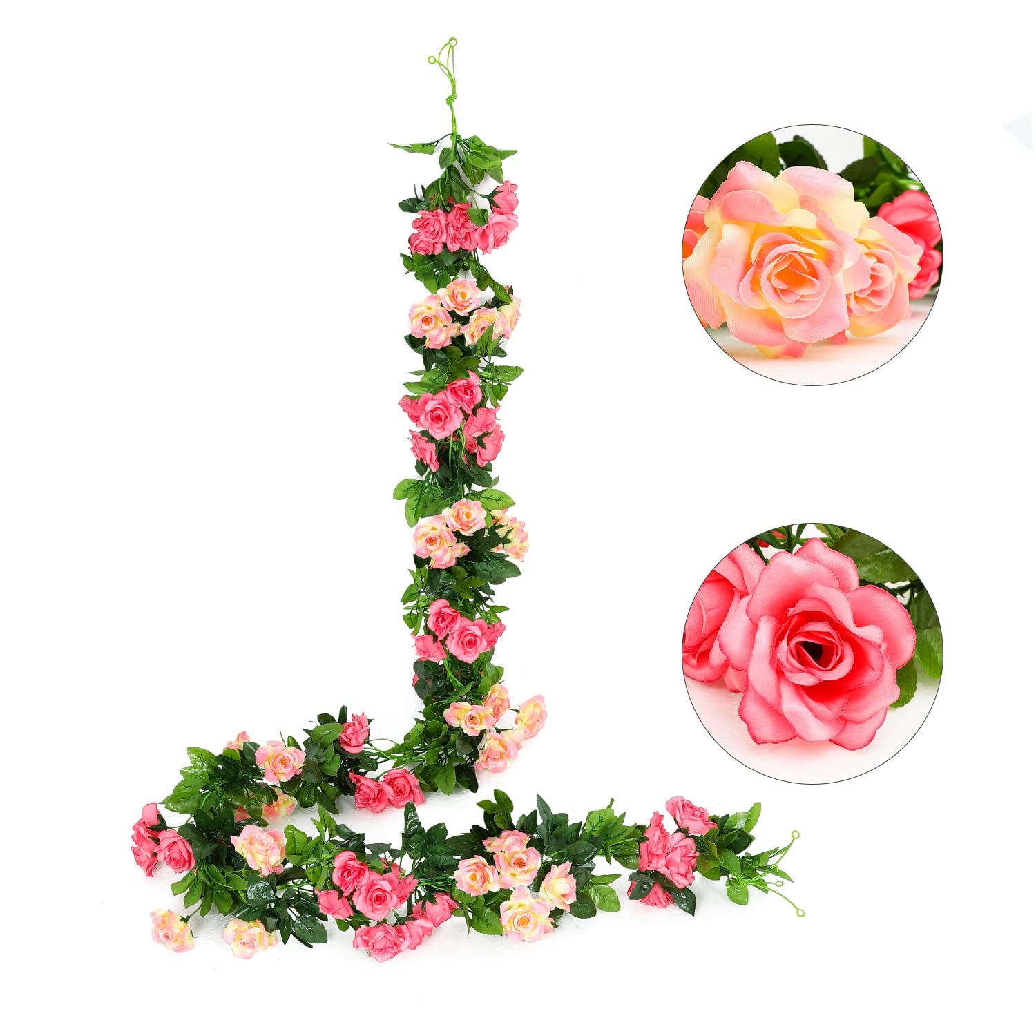 JUSTOYOU 2pcs 7.6FT Double Color Artificial Fake Rose Garland Vines Hanging Silk Flowers Artificial Flower for Outdoor Indoor Wedding Wall Badroom Decoration (Pink -13, 13 Heads)