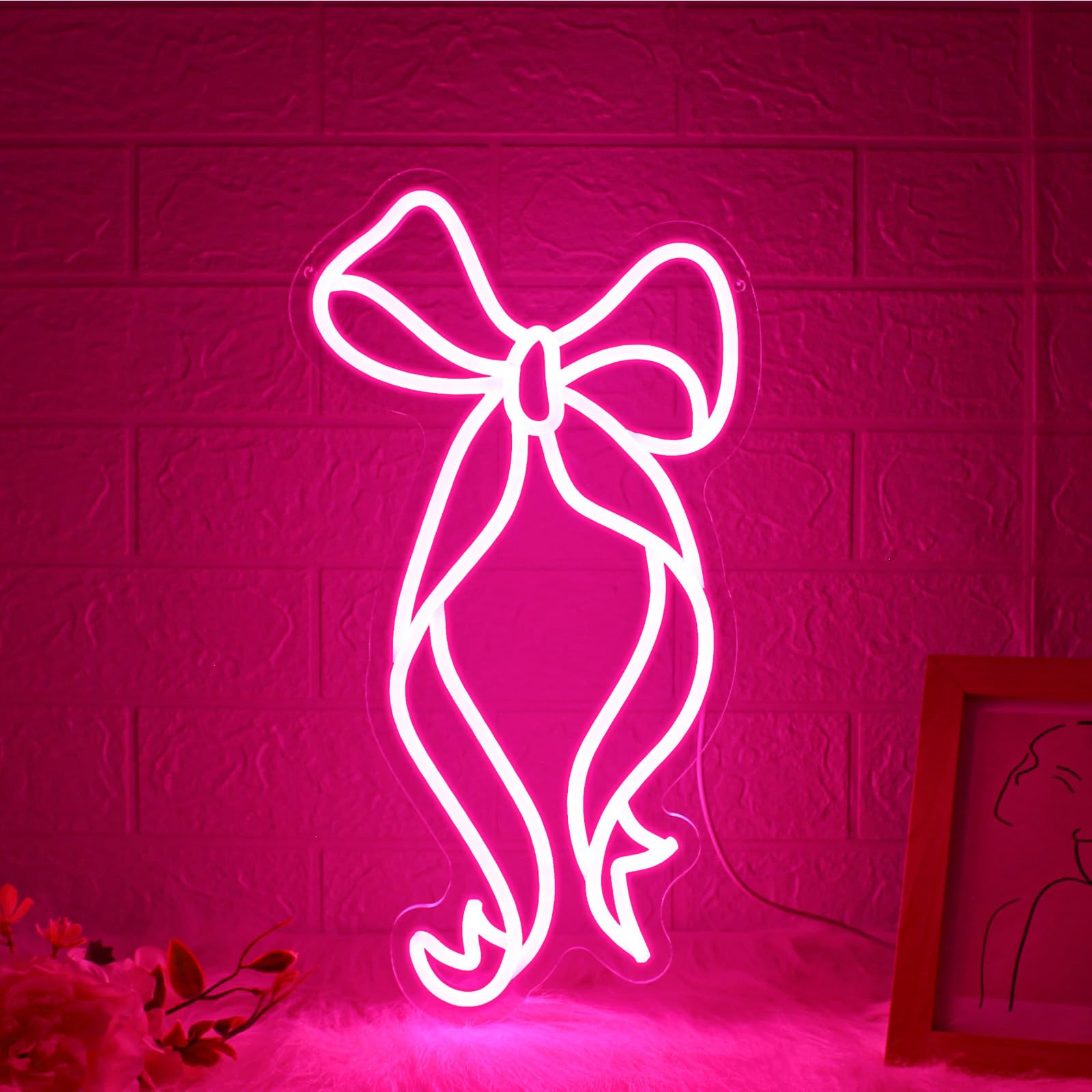Photo 1 of Bow Neon Sign - JGHTURIE Neon Signs for Wall Decor, Pink Bow Ribbon Light up Signs for Room, Bar, Party, Home Decor, Led Sign - USB Powered