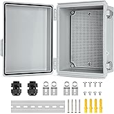 Joisyoya Waterproof Electrical Junction Box Outdoor, IP67 Plastic Weatherproof Electrical Enclosure for WiFi Electronics, with Aluminum DIN Rail, Mounting Plate, Wall Brackets (8.7''x6.7''x4.3)