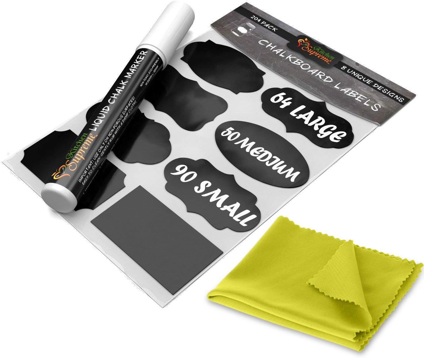 Chalkboard Labels Stickers for Storage Bins - PREMIUM 204 Sticker Bundle + Chalk Marker & Cleaning Cloth - Decorate your Bins, Container or Mason Jars in Style with Removable Tags for Kitchen & Office : Office Products