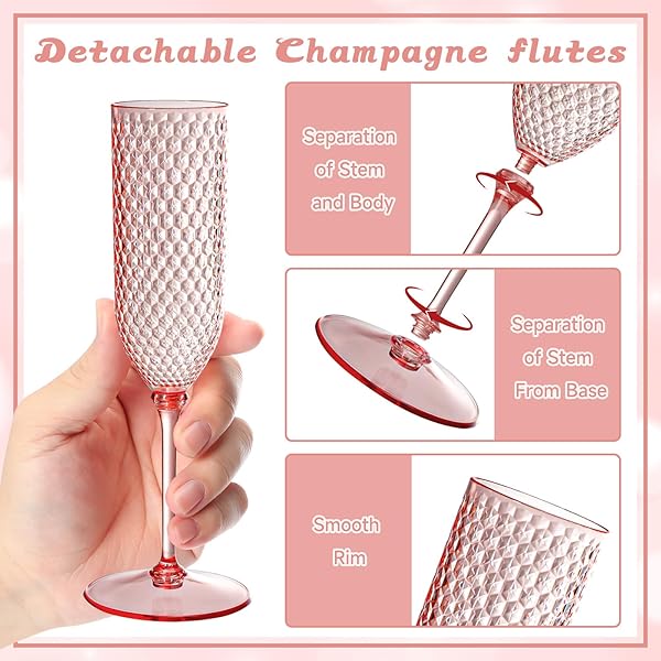 24 PACK PINK DETACHABLE 2 PIECE CHAMPAGNE FLUTES 5.5 OZ UNBREAKABLE PLASTIC MIMOSA DISPOSABLE CHAMPAGNE GLASSES DRINKING CUPS STEMMED REUSABLE WINE TOASTING GLASSES FOR WEDDING (24, CLEAR PINK)