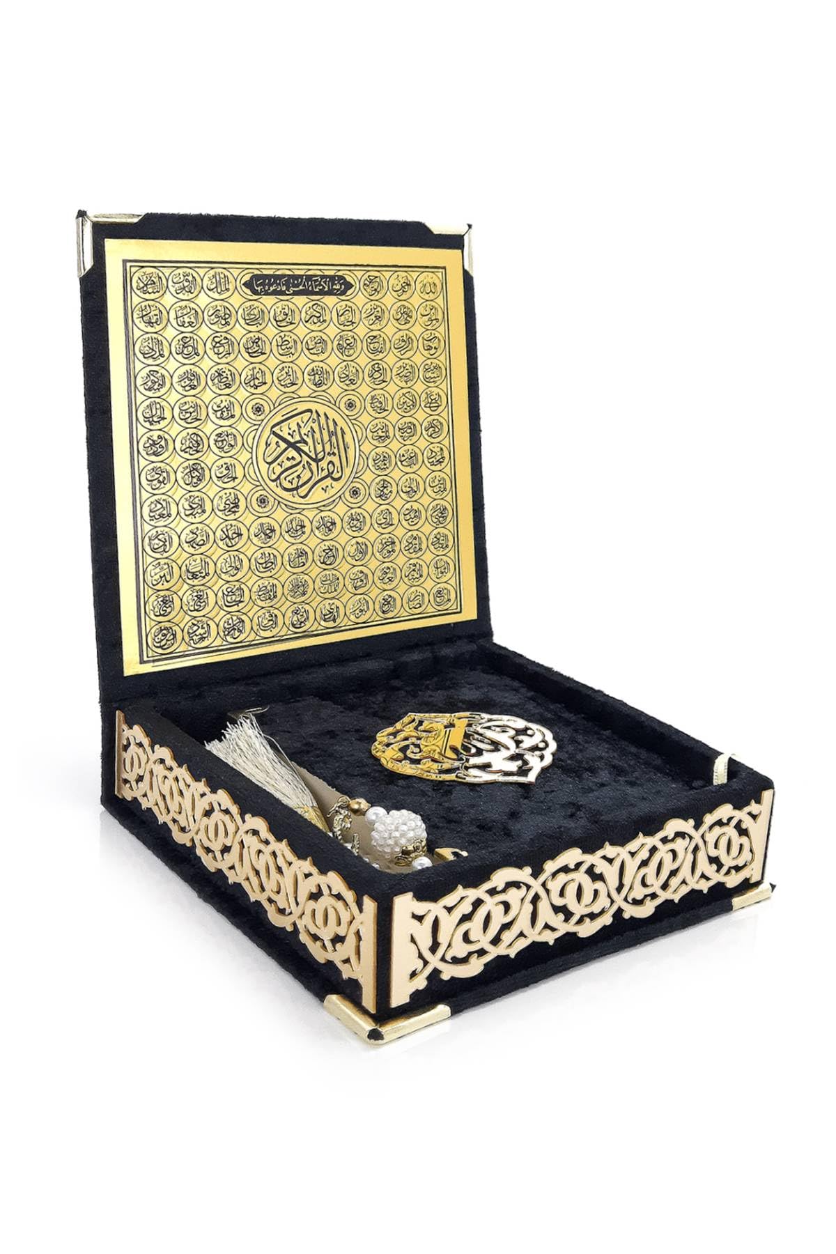 ihvan online, The Holy Qur'an Set, Islamic Prayer Gift Box with Pocket-sized Velvet Covered Quran, Tesbih, Inner Lid Names of Allah (Asmaul Husna), 3 Pieces for Ramadan & Eid & Dowry Gifts, Black