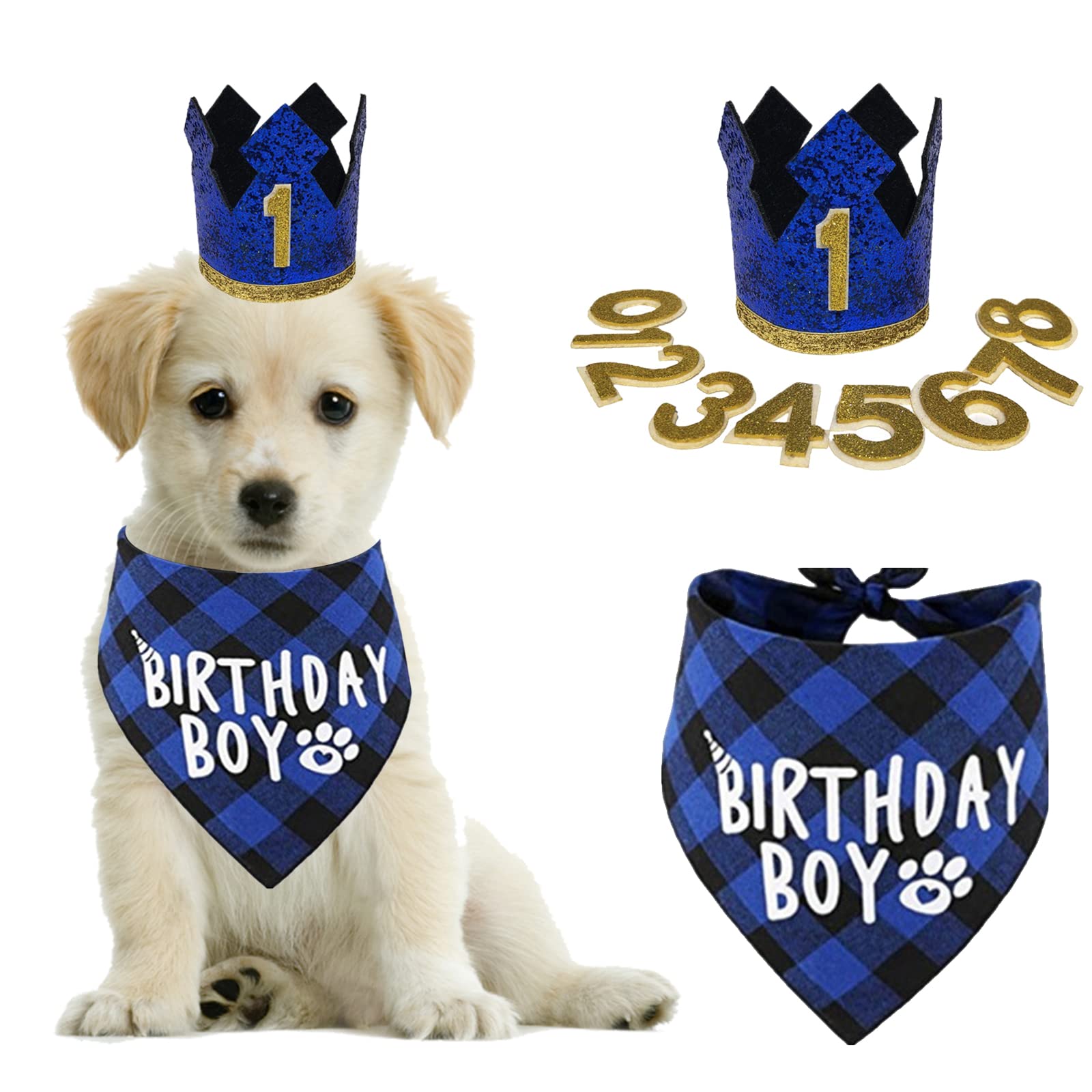 Dog Birthday Party Supplies- Reusable Dog Birthday Hat and Bandana with Numbers, Blue Crown Party Hat BIRTHDAY BOY Scarf Set, Pet Outfits Accessories Party Decoration for for Small Medium Dogs Cats